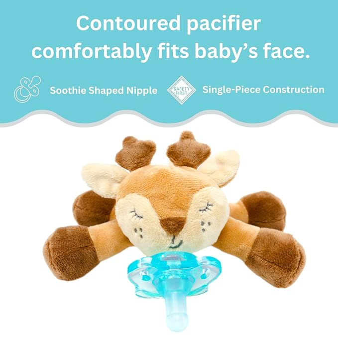PaciBuddy Deer Pacifier Holder - Plush Toy with Detachable Pacifier & Universal Adapter, Gender Neutral Baby Gift for 0+ Months - Infant Plush Baby Toy, Versatile Baby Essentials, Binky