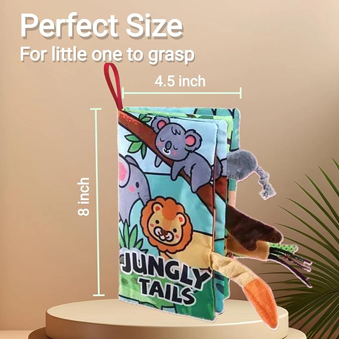 Soft Baby Books, Tummy Time Cloth Travel Toys 0-6 Months Touch Feel Sensory Book Jungle Tails for Babies Girl 3-6 6 to 12 Month Old 0-3-4-5-6-7-8-9 Newborn Infant Boy Must Haves Birthday Gift