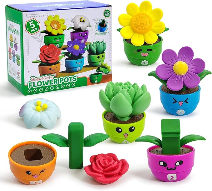 Montessori Toddler Flower Toy, Bloom & Learn Garden Set with 5 Shape & Color & Number Flowers, Sensory Pretend Toys for Preschool Early Learning, Toddlers Gift for 1 2 3 Girls & Boys