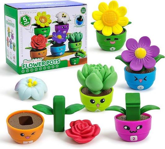 Montessori Toddler Flower Toy, Bloom & Learn Garden Set with 5 Shape & Color & Number Flowers, Sensory Pretend Toys for Preschool Early Learning, Toddlers Gift for 1 2 3 Girls & Boys