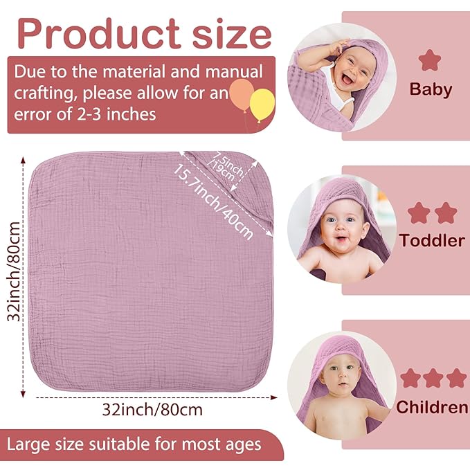 Peryiter 4 Pcs Muslin Hooded Baby Towels 32 x 32 Inch Cotton Newborn Bath Essentials Muslin Infant Blankets Absorbent Registry Gifts for Girl Boy Kids Baby Shower (Purple Series)