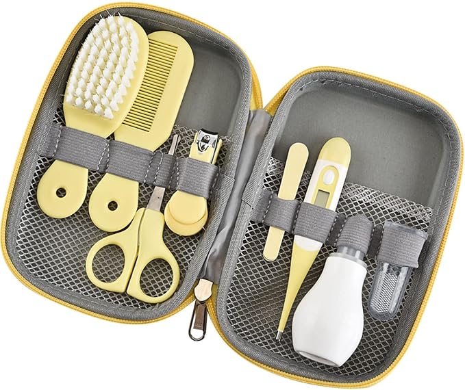 Pilipane 8 in 1 Baby Grooming Kit, Infant Healthcare & Safety Set with Hair Brush, Nail Clipper, Nasal Aspirator, Finger Toothbrush, Scissors - Newborn Essentials for Baby Care (Yellow)