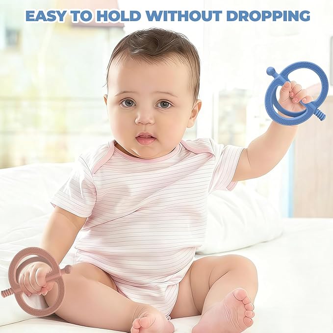 SOLIFEGOBLE 2 Pack Baby Teething Toy for 0-24 Months, Food Grade Silicone Teether, Easy Grip Design to Soothe Gum Pain, BPA-Free, Freezable & Dishwasher Safe (Khaki+Light Blue)