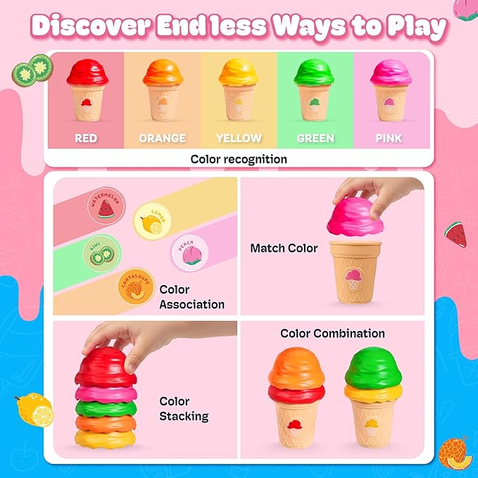 JoyCat Ice Cream Toy Set for Toddlers 1-5, Color Sorting & Stacking Toys, Pretend Play Food for Boy Girls Kids, Educational Fine Motor Skills Gift (5 Cones 5 Scoops)