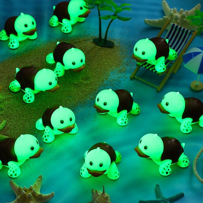 HyDren 50 Pcs Rubber Turtle Duck Glow in The Dark Cute Duck Bulk Mini Squeaky Rubber Toys Floating Bathtub Favors Gifts for Sea Carnival Valentine's Day Beach Party Decor(Green)