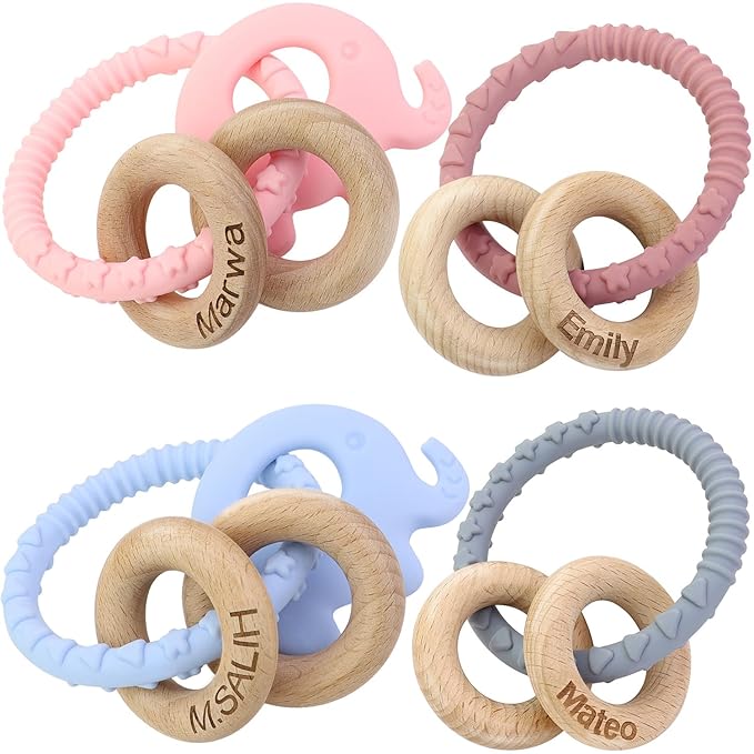 Personalized Teether Rattle with Name - Custom Teething Toys Wooden Ring Gift
