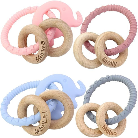Personalized Teether Rattle with Name - Custom Teething Toys Wooden Ring Gift