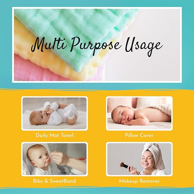 Pack of 10 Baby Muslin Washcloths Set (12”x12”), 6 Layers Multi-Colored Baby Washcloths Made of 100% Organic Cotton Highly Absorbent and Ultra Soft Wash Cloths for Your Baby