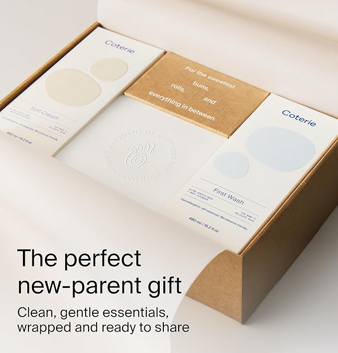 Coterie The Skin Essentials Baby Gift Set | 16.2 oz Shampoo + Body Wash, 16.2 oz Face + Body Lotion, 4.7oz Diaper + Dry Skin Balm | Fragrance Free, Safe for Sensitive Skin, Hypoallergenic, Eczema Safe