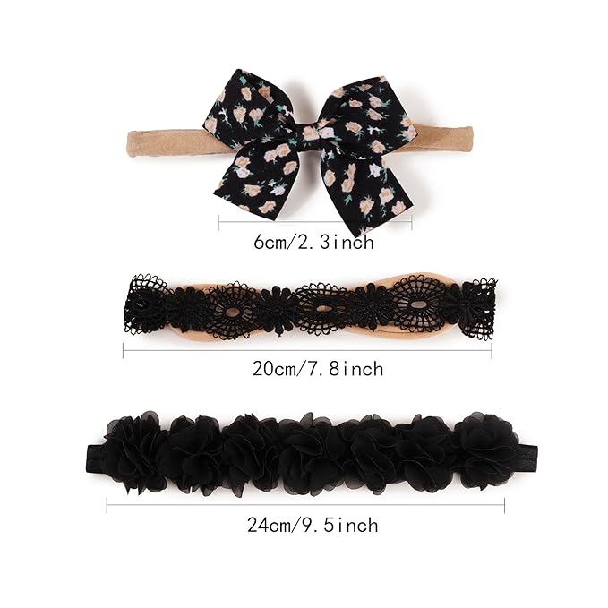 cherrboll Baby Girl Nylon Headbands, 3Pcs Handmade Floral Hair Bows, Stretchy Flower Hairbands for Newborns Infants Toddlers