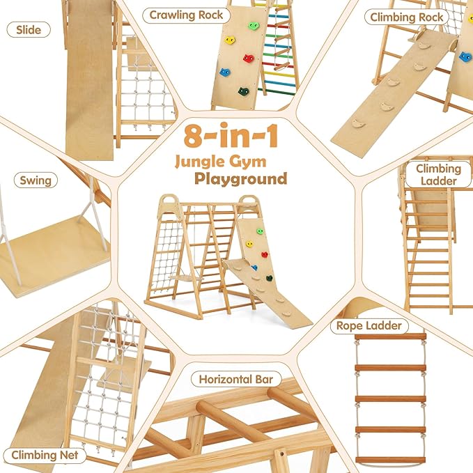 INFANS Indoor Jungle Gym, 8 in 1 Kids Montessori Indoor Playground Climbing Playset for Toddlers with Slide Swing Net Monkey Bars Rope Ladder, Wood Climber Toys for Boys Girls