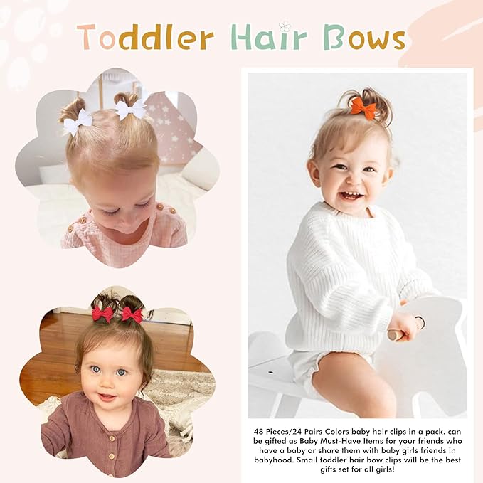48PCS OAOLEER Fully Lined Hair Clips and Bows for Baby Girls, Infants & Toddlers - Tiny Alligator Clips in 24 Color Pairs (Style D-48pcs)