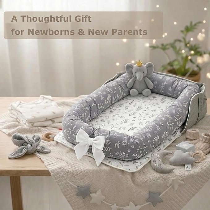 Baby Lounger for Newborn Portable Bag,Baby Play Mat Tummy Time with Strap,Awake-Time Pad Newborn Lounger Adjustable to 0-24 Months Home Travel(Calm Sprig)