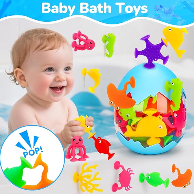 Toddler Suction Cup Bath Toys, Ocean Animal Bath Water Toys for Kids Ages 1-3 3-5 4-8 No Hole Mold Free Bathtub Car Window Toys Travel Trip Essentials for 3 4 5 Year Old Boy Girl Birthday Gift