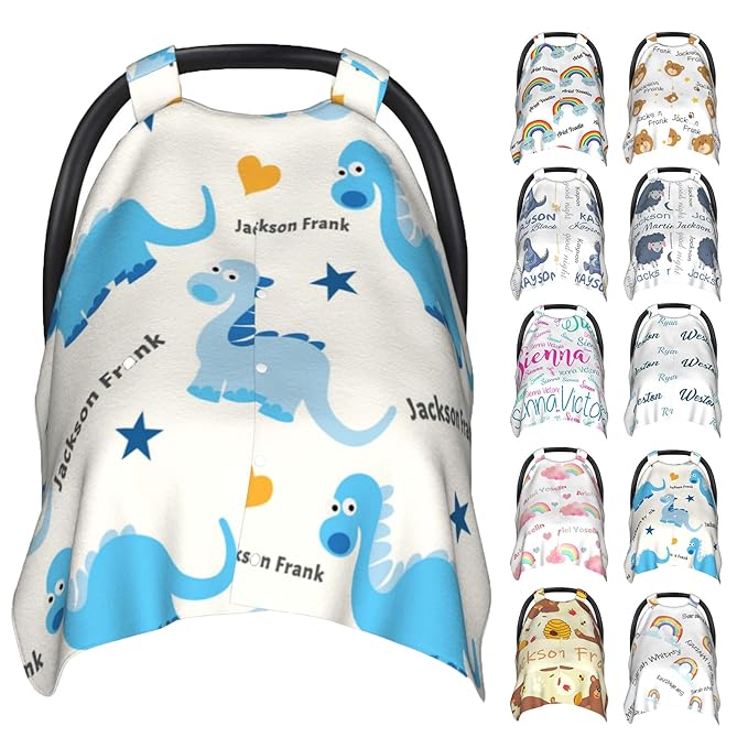 Personalized Baby Car Seat Cover Canopy with Name for Girls Boys Custom Dinosaur Baby Carrier Covers