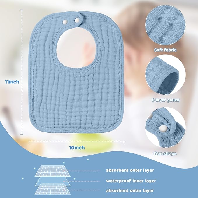 Tallew 8 Pack Muslin Burp Cloths and Baby Bibs for Boy Girl 20" x 10" Cotton Baby Bandana Drool Bibs Muslin Burp Cloths Absorbent Rag for Newborn Toddler Infant Gifts(Blue Series)