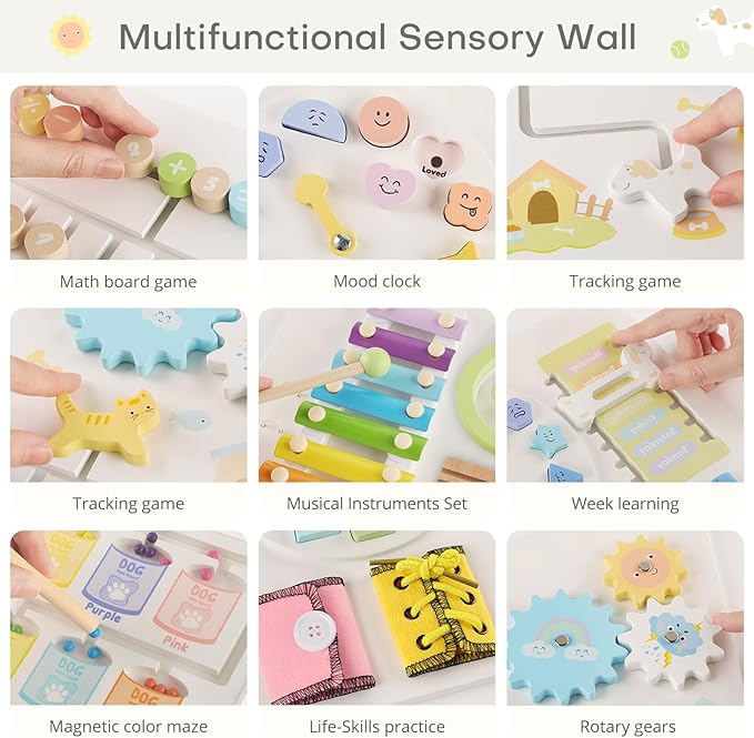 Wooden Dog Wall Busy Board Panels, Sensory Wall Activity Board for Toddlers 1-3, Montessori Learning Activity Center, Educational Toys for Kids Room, Preschool & Daycare