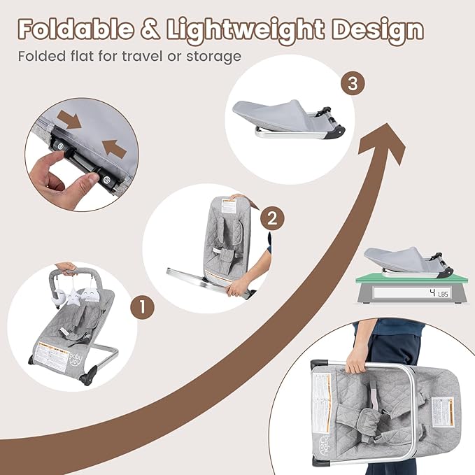 BABY JOY Baby Bouncer, Foldable Baby Bouncer Seat with 5-Point Safety Harness, Removable Fabric Cover & 3 Plush Hangings, Portable Infant Bouncer for Babies 0-6 Months (Light Grey)
