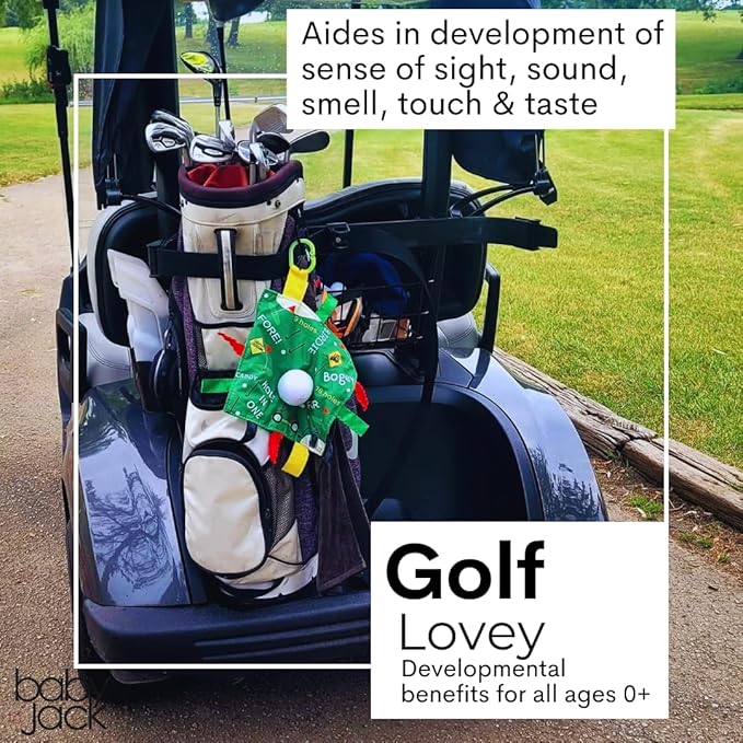 Baby Jack & Co 10x10” Golf Ball Sports Lovey Sensory Plush Blanket - Tag Toys for Sensory Play - Travel Stroller Toy - Learn Shapes, Letters & Colors - Sports Gift Educational and Soother