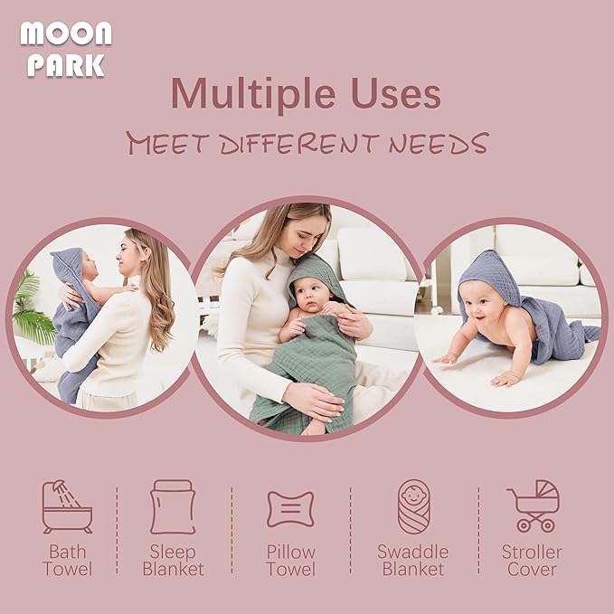 MOON PARK 2 Pack Muslin Hooded Baby Bath Towels for Newborns, Infants, Toddlers - 100% Cotton - Large 32x32Inch Size - Highly Absorbent and Essential, Green and Grey