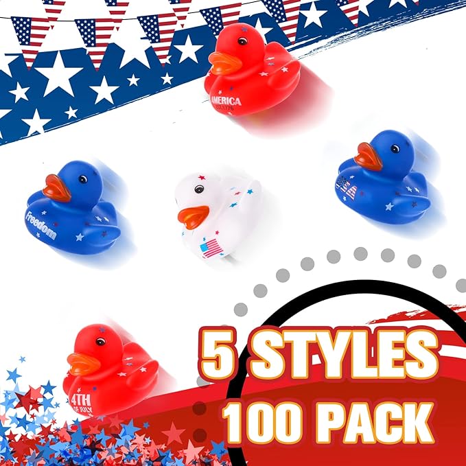 Sratte 50 Pcs Patriotic Rubber Ducks 2'' Blue Red White Mini Ducks in Bulk for USA 4th of July Memorial Day Independence Day Party Favors Decor Supplies Star Rubber Baby Bath Toys for Kids Adults