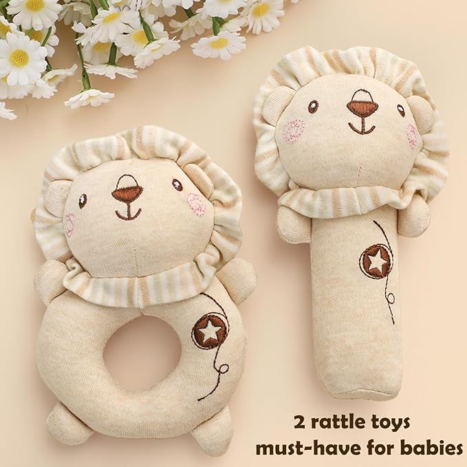 Golray 9pcs Newborn Baby Gift Baskets for Boys Girls Baby Shower, 2 Rattle/Seat Hang Toy/Blanket/Bodysuit/Bib/ 3D Socks/Wood Milestone/Carry Box, Neutral New Born Essential Stuff Unisex Baby Gifts Boy