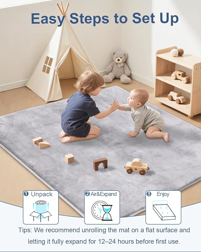 Large Thick Baby Play Mat for Floor,Padded 71x79 Playpen Mat,Foam Tummy Time Mat,Soft Support&Plush Feel Nursery Rug,Non Slip for Toddler,Infants,Kids Play,Yoga,Baby Crawling Mat (Light Grey)
