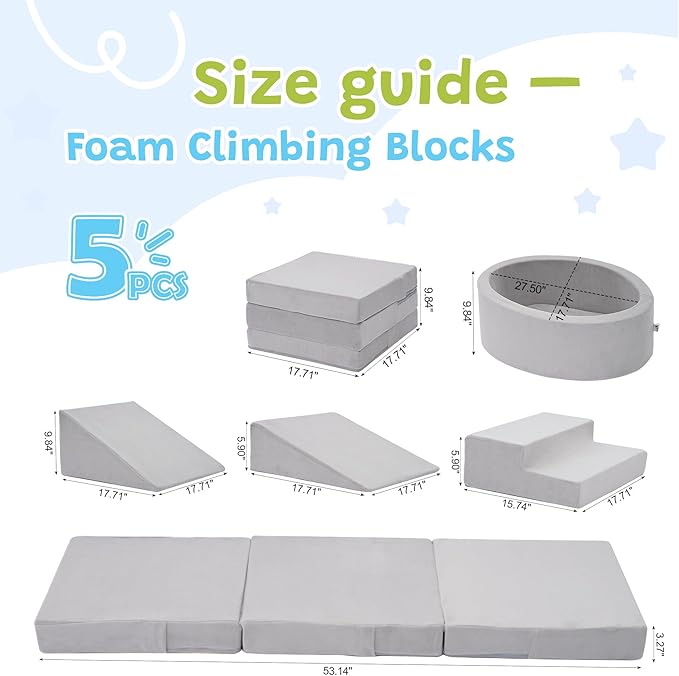 Elftopia Foam Climbing Blocks with Ball Pit & Stairs for Toddlers Aged 1-3 -Soft Playset for Indoor Crawling, Foam Playground Set for Baby to Active Playing Inside -(Balls NOT Included),Grey