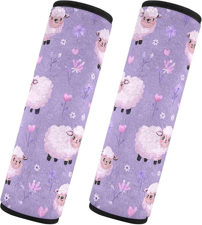 2 Pack Seatbelt Covers Seat Belt Cover Pad for Adults Boys Girls Car Seat Strap Covers Pads Cushion Universal Shoulder Strap Pad Protector for Backpack Camera Bag 6.5 Inch Purple Cute Floral Sheep