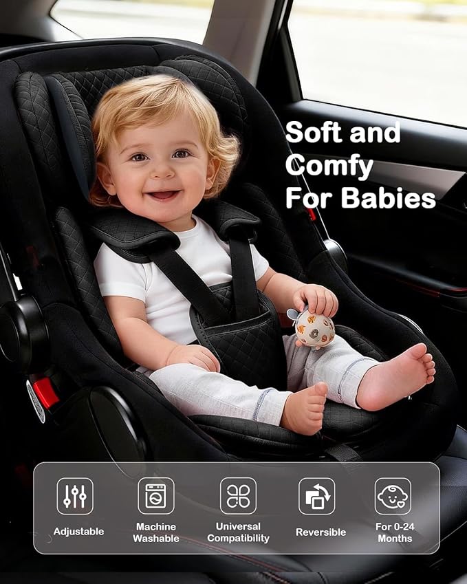 Infant Car Seat Insert Adjustable Head Support for Preemie Newborn Toddler, Reversible Baby Head Body Support Cushion for Carseats and Strollers Side Impact Protection - Black