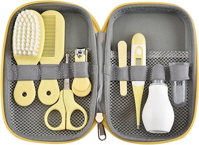Pilipane 8 in 1 Baby Grooming Kit, Infant Healthcare & Safety Set with Hair Brush, Nail Clipper, Nasal Aspirator, Finger Toothbrush, Scissors - Newborn Essentials for Baby Care (Yellow)