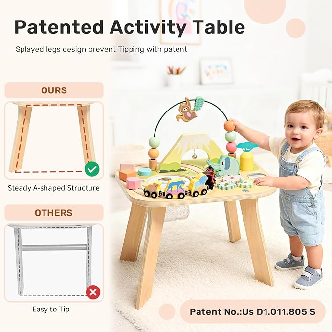 WINGYZ Activity Table for 1 Year Old Toddler, 9-in-1 Morandi-Colored Wooden Montessori Toys, Baby Play Table with Bead Maze Shape Sorter Train Toy, Educational Gifts for 12 Months+ Kids Boys Girls