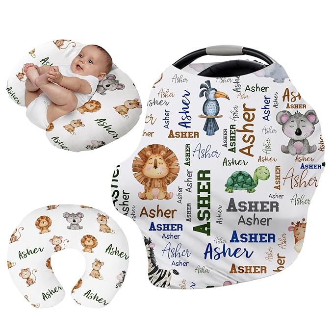 Custom Car Seat Covers for Babies - Breathable Baby Car Seat White Lion Pattern Cover for Girls Boys, Kick-Proof Newborn Carrier Canopy Stretchy Stroller Cover for 4 Seasons(27"x29")