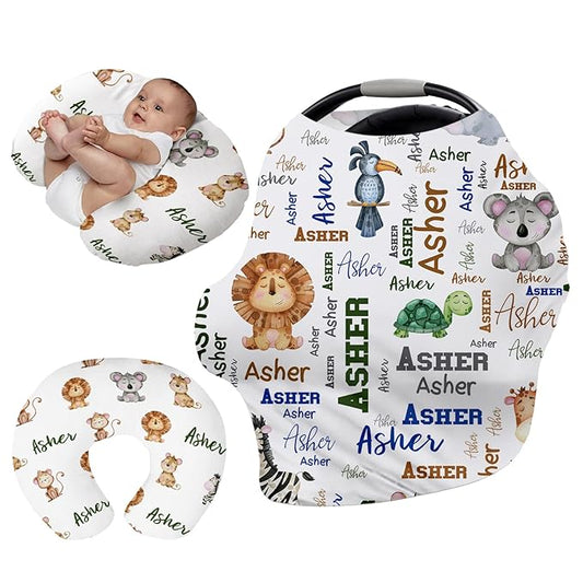 Custom Car Seat Covers for Babies - Breathable Baby Car Seat White Lion Pattern Cover for Girls Boys, Kick-Proof Newborn Carrier Canopy Stretchy Stroller Cover for 4 Seasons(27"x29")