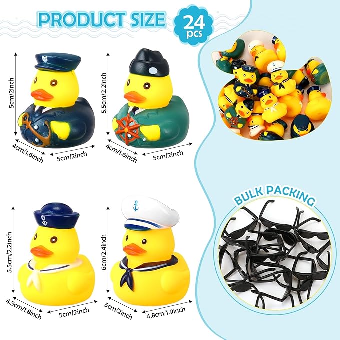 48 Pcs Cruise Sailor Rubber Ducks with Sunglasses 2.4 Inch mini Cruise Ship Nautical Ducks for Hiding Military Uniform Armed Forces Squeaky Bath Toy for Summer Birthday Baby Shower Party