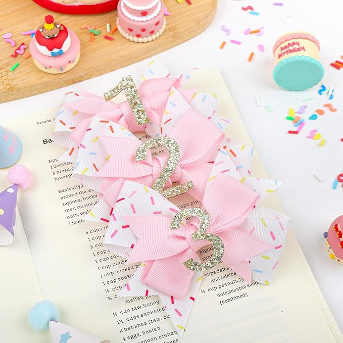 YanJie 4'' Baby Girl Birthday Hair Bow for 1 Year Old Newborns Sprinkle Glitter Birthday Infant Headbands Hair Accessories with Pink Frosting Bows