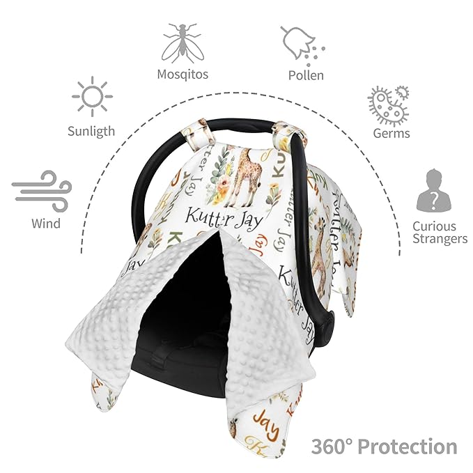 Personalized Winter Carseat Cover for Baby Custom Name Car Seat Canopy for Newborn Baby Boys Girls 2 in 1 Mom Nursing Breastfeeding Covers Giraffe Minky Baby Carrier Stroller Covers
