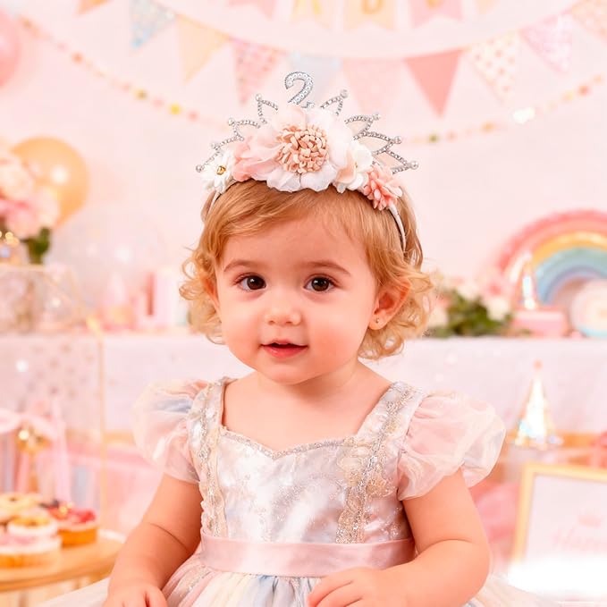 cherrboll Flower Headband Birthday Crown for Girl, Floral Nylon Hairband for 1-3 Years Old Toddler, 2nd Birthday Party Dress Photo Decoration Hair Accessory