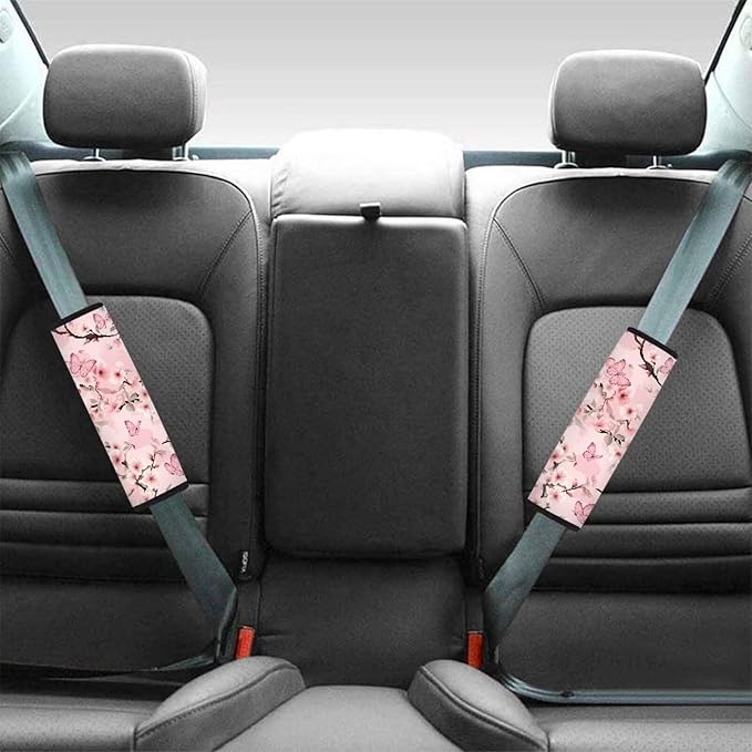 AFPANQZ 2 Pack Car Seat Belt Covers for Women Pink Butterfly Flower Car Safety Seatbelt Pad Cushion Adjustable Universal for Most Car Laptop Backpack Luggage Bag Straps Pads