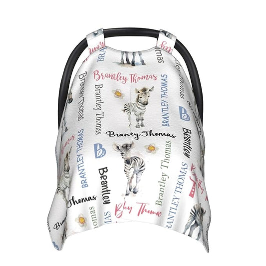 Personalized Baby Car Seat Canopy Minky Zebra Baby Blanket Custom Name Baby Car Seat Cover Girls Boys Infant Newborn Carseat Canopy Nursing Cover for Stroller Car Seat Canopies