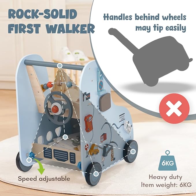 Giant bean 11-in-1 Wooden Baby Walker with Activity Center, Car Theme Montessori Walking Toy with Steering Wheel Tool Bench, Push Walker Speed Adjustable, Learning to Walk Gift for Toddler 1-6
