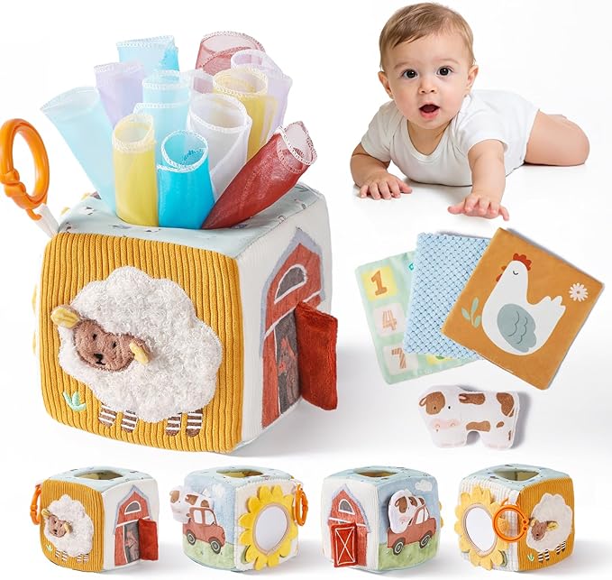 let's make Baby Tissue Box Toy, Farm Montessori Sensory Toys 6-12 Months, Play Silks & Crinkle Tissues with 3D Corduroy, Mirror, Squeaky Cow & Travel Clip - Fine Motor Skills Baby Girl Boy Gifts
