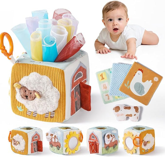 let's make Baby Tissue Box Toy, Farm Montessori Sensory Toys 6-12 Months, Play Silks & Crinkle Tissues with 3D Corduroy, Mirror, Squeaky Cow & Travel Clip - Fine Motor Skills Baby Girl Boy Gifts