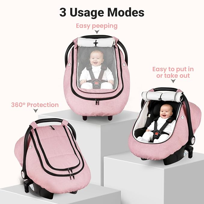 Rquite Car Seat Cover Baby, Winter Carseat Covers Boy Girl, Waterproof Infant Car Seat Cover Warm Car Seat Canopy for Cold Weather, Windproof Baby Carrier/Stroller Cover with 2 Layers Windows, Pink