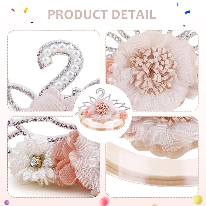 cherrboll Flower Headband Birthday Crown for Girl, Floral Nylon Hairband for 1-3 Years Old Toddler, 2nd Birthday Party Dress Photo Decoration Hair Accessory