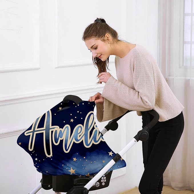 Personalised Car Seat Cover for Babies - Multi-use Carseat Canopy Cover with Name, Dark Blue Star Car Seat Covers, Christmas Birthday Gifts for Infant Boys and Girls