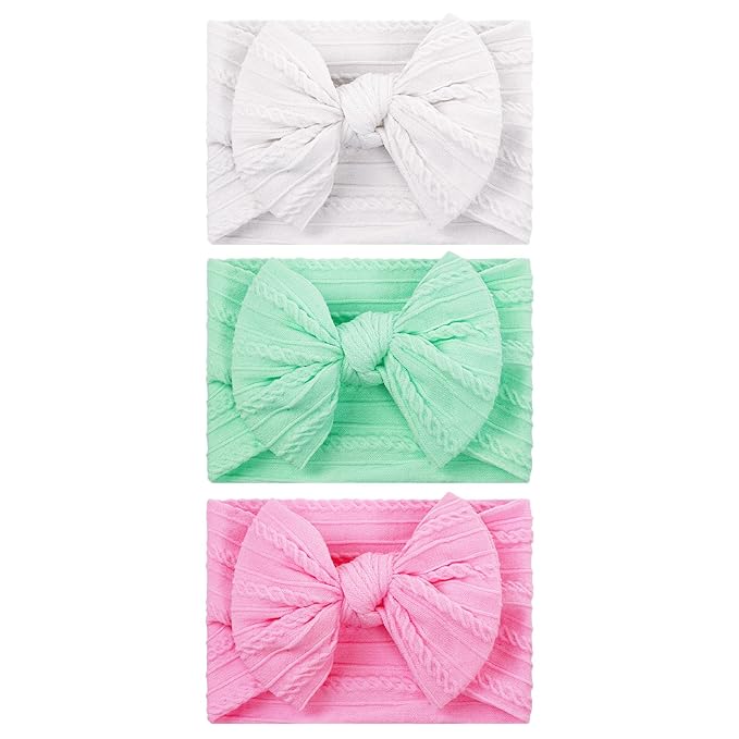 baotongle 3pcs Baby Girls Headbands Soft Stretchy Nylon Hair Bands Hair Accessories with Bows for Newborn Baby Girls Infant Toddlers Kids(White,Light Green,Deep Pink, 5.7inches)