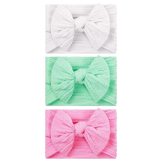 baotongle 3pcs Baby Girls Headbands Soft Stretchy Nylon Hair Bands Hair Accessories with Bows for Newborn Baby Girls Infant Toddlers Kids(White,Light Green,Deep Pink, 5.7inches)