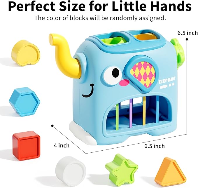 SOCBTNSO Elephant Interactive Shape Sorter Toys for 18 Months+, Montessori Matching & Sorting Toys with 6 Sensory Shape Blocks, Developmental Infant Birthday Gifts for Learning Toddler