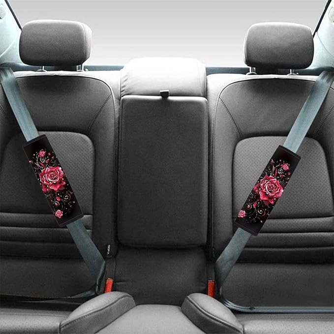 Biyejit Red Rose Car Accessories Seat Belt Covers Adult Seat Belt Shoulder Strap Covers for Women Girls Seatbelt Pads Universal Fit 2 Packs